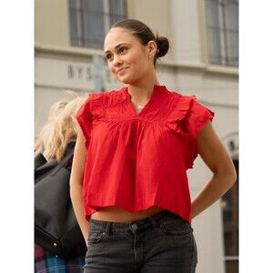 Neo Noir Jayla S Voile Blouse Top Lace Ruffle Red Cotton V Neck XS-34 278254
